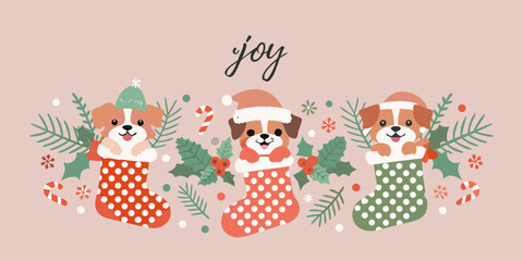 Festive illustration of three adorable puppies in christmas stockings with holly