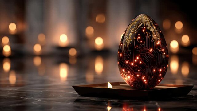 ornate jeweled egg opens to reveal glowing candles and roses, cinematic studio lighting, shallow depth of field, delicate string lights entwined