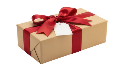 Obraz premium Tan gift box with red ribbon and tag isolated PNG, present for birthday or Christmas on transparent background