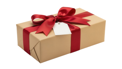 Tan gift box with red ribbon and tag isolated PNG, present for birthday or Christmas on transparent background