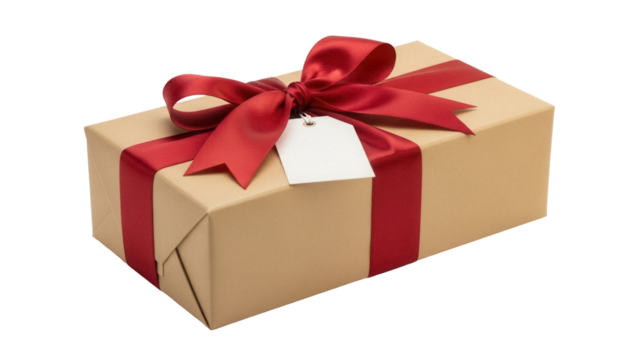 Tan gift box with red ribbon and tag isolated PNG, present for birthday or Christmas on transparent background - Powered by Adobe