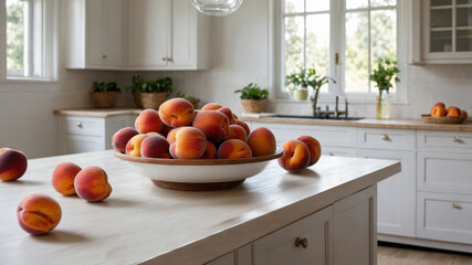 Peaches are scattered on the table in the bright kitchen