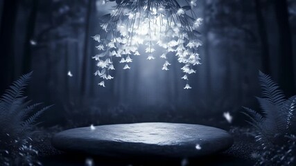 Mystical forest podium under glowing white bell flowers with ethereal flying spirits, ideal for spiritual, magical, or nature-inspired product display, solemn events, and dreamy fantasy scenes.