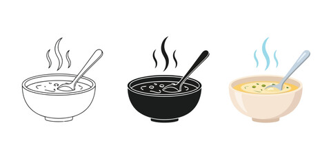 Hot soup in a bowl with a spoon, three styles outline, solid black, and color illustration