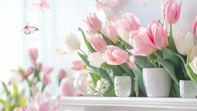 A spring-themed fresh tulips, butterflies, and light pastel colors, Happy easter concept