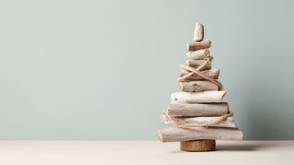 Rustic Christmas tree made from driftwood pieces on a sage background with natural fiber garland