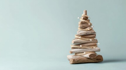 Rustic Christmas tree made of stacked driftwood pieces with natural fiber garland on a pastel sage background