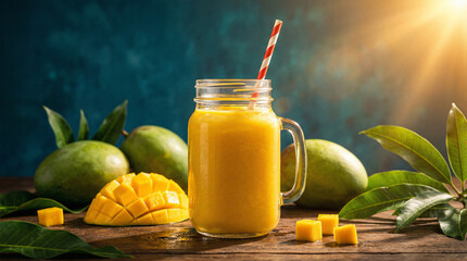 Refreshing healthy tropical mango smoothie in a mason jar