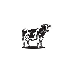 Cow vector illustration. Black and white dairy farm animal silhouette. Beef or milk cattle logo icon isolated on white background. Livestock branding symbol.
