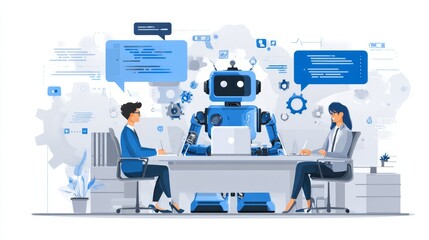 Businessmen and businesswomen communicate and work with computers, laptops, and tablets across a digital network concept