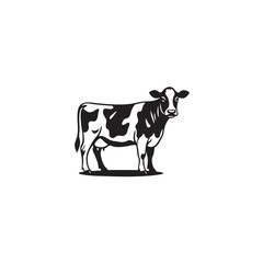 Cow vector illustration. Black and white dairy farm animal silhouette. Beef or milk cattle logo icon isolated on white background. Livestock branding symbol.