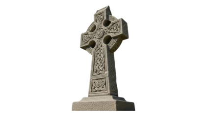 Isolated Celtic cross monument with an ancient design of elaborate interwoven stone carvings