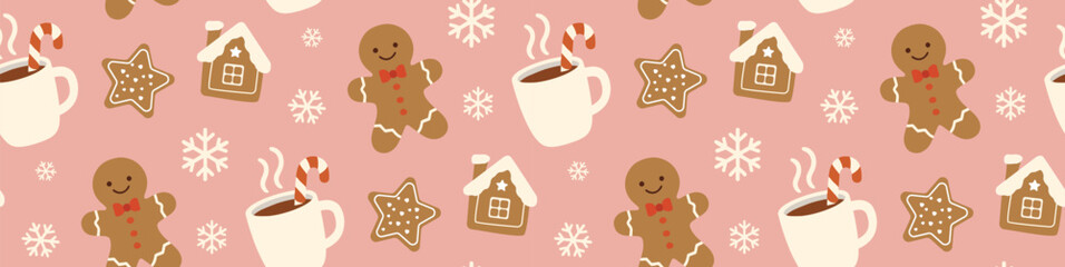 Christmas pattern with gingerbread and cocoa. Seamless pattern. Pink wrapping paper. Ornament for a coffee shop.