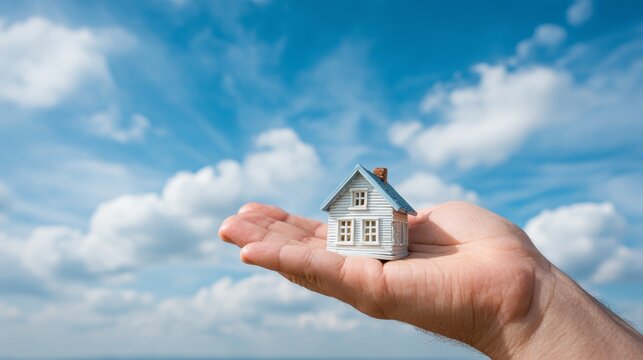 Real estate agent holding a small model house in hands as a concept for property investment and new home building business