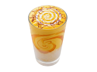 Isolated glass of saffron lassi, traditional Indian yogurt drink, festive beverage, refreshing