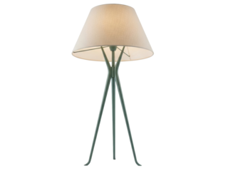 Isolated indoor tripod floor lamp with fabric lampshade for a cozy interior lighting setup