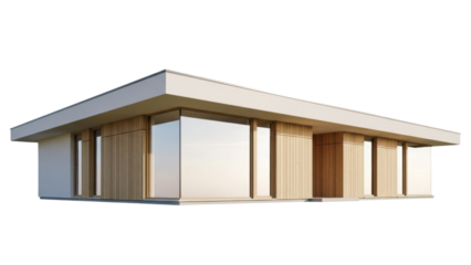 Isolated modern house exterior with flat roof and wooden siding, against no background