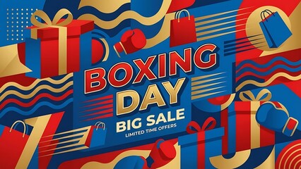 Vibrant Boxing Day big sale promotional illustration with gift boxes shopping bags and boxing gloves on a dynamic background