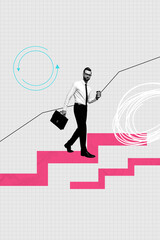 Banner 3d image trendy poster collage of happy businessman walk chart career ladder promotion chance aim achievement success