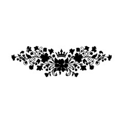 Elegant black silhouette floral scroll design with regal crown accent