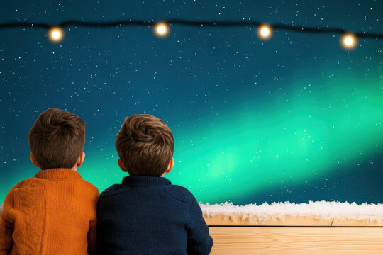 Two children in warm sweaters enjoy magical christmas night under string lights and northern lights with snow on wooden ledge - Powered by Adobe