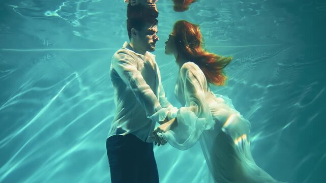Fantasy romantic couple fall in love man king and woman embrace under water sea. Wet white dress. Red-haired fairy sexy girl Greek goddess river nymph mermaid swims seduces drowns guy. Creative shoot