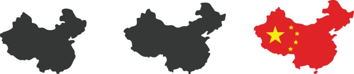 China Map Icon Set, Solid Silhouette, and Flag Style Vector Collection.