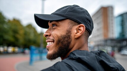 Black man smiling in urban setting