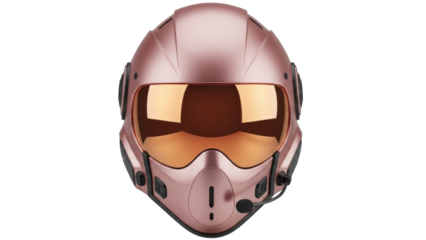 Isolated futuristic pilot helmet with visor, glossy rose-gold astronaut helmet for space travel