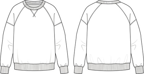 Women's oversized raglan sleeve fleece sweatshirt technical fashion sketch template, front and back view, vector illustration, relaxed fit, apparel design, crew neck with rib knit cuffs  © Shammi's World