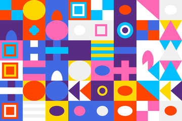 Geometric abstract pattern with circles, squares, and triangles in vibrant colors