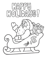 Simple outline illustration of santa claus driving his sleigh with reindeer isolated on white background