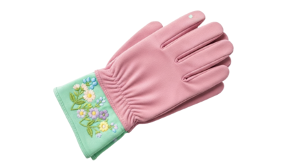 Isolated pink leather glove with floral embroidered green cuff for gardening or workwear