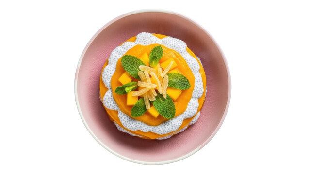 Isolated delicious mango chia seed pudding dessert in bowl, decorated with fresh mint - Powered by Adobe