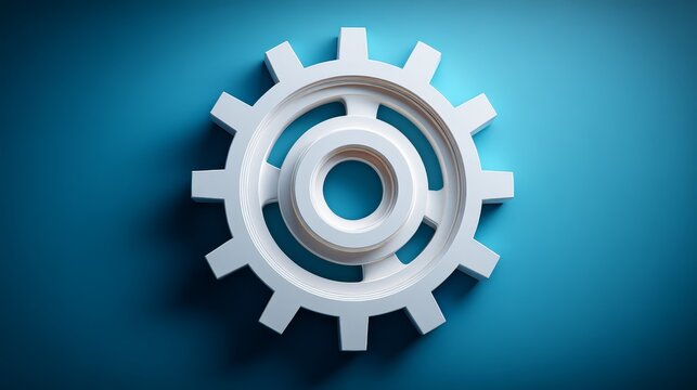 Abstract blue background illustrating technology and engineering with a metallic gear mechanism for industrial design concepts - Powered by Adobe