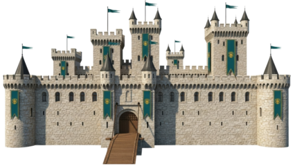 Isolated medieval fantasy castle with drawbridge, stone walls, banners, and pointed towers