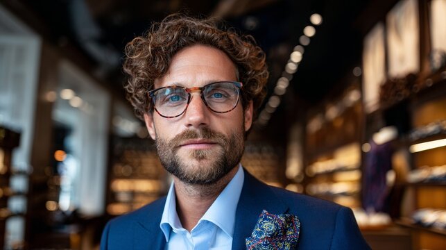 Man in store wearing glasses and curly hair