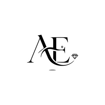 Elegant ae monogram logo with diamond and sparkle, classic serif font, luxury branding, jewelry company emblem, black on white background. isolated on transparent background