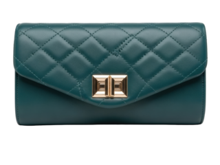 Isolated stylish teal quilted clutch bag with gold hardware, evening or daytime accessory