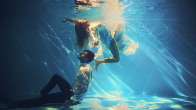 Happy fantasy couple fall in love swim dive man king and woman fashion model posing underwater dark blue sea. Wet white dress. fairy sexy girl Muse swims guy magic under water pool 4k. Themed wedding 