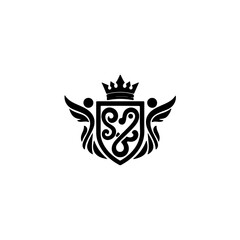 Fototapeta premium Elegant black heraldic emblem with crown, shield, and wings, symbolizing authority, heritage, and victory, isolated. isolated on transparent background