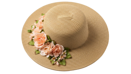 Isolated straw sunhat with peach roses for stylish summer holiday or vacation attire