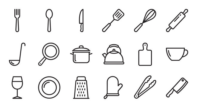 Set of black kitchen and cooking icons including utensils, cookware, and tableware in a simple minimalist line art style, representing various culinary tools for food preparation