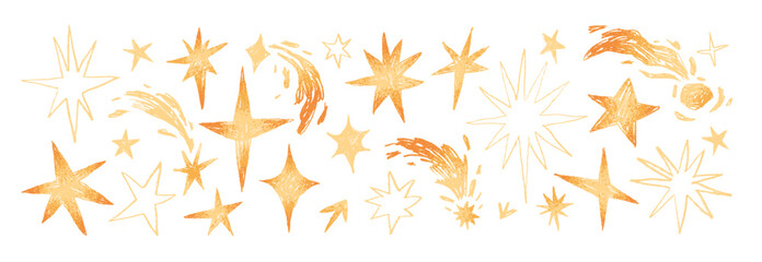 Doodle stars are shooting set. Chalk scribble of meteorites and comets in space. Kids sketches of sparks and meteors on wall art in grunge style. Hand drawn vector illustrations on white background © Paper Trident