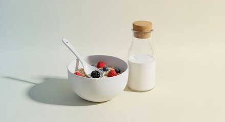 Healthy breakfast bowl with oatmeal, fresh blueberries, and banana slices next to a glass bottle of milk. Minimalist food composition on a beige background.