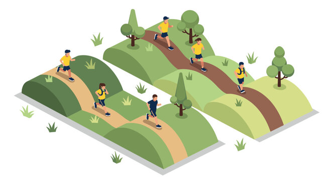 Isometric hill running scene with joggers and nature elements