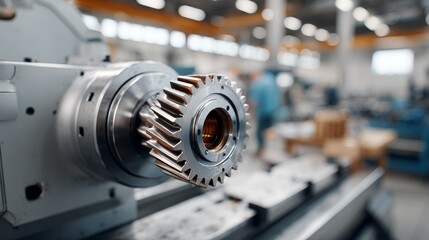 Fototapeta premium Machining gear on heavy lathe in metal factory industrial process detailed view of machine work