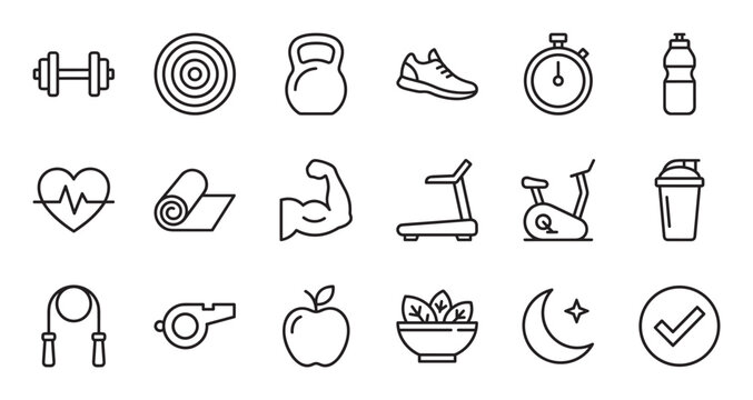 Comprehensive set of thin line icons for health and fitness, featuring gym workout equipment, nutrition elements, and wellness symbols like a heart rate, apple, and treadmill