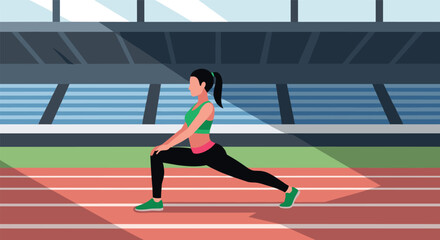 Obraz premium Woman stretching on track in stadium, emphasizing fitness and outdoor exercise