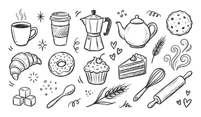 Fototapeta na wymiar Hand drawn black and white doodle set of coffee, tea, and bakery items including a croissant, donut, cake, and cupcake in a charming sketchy illustration style for cafe menus